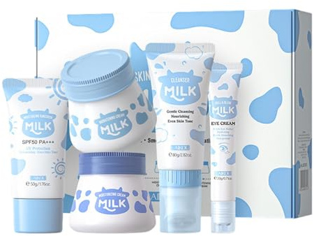 Set de Cuidado de La Piel con Leche | 5 Piezas Milk Skincare Set para Niños y Adolescentes | Kits de Cuidado Facial con Crema para Ojos, Humectante, Protector Solar, Abrillantador y Limpiador