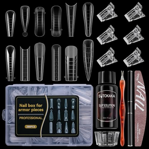 SUTOKAKA 288Pcs Polygel Nail Form Kit 12 Style 12 Sizes Reusable Nail Extension Mold Dual Forms with 6Pcs Nail Clips, Nail Slip Solution, Brush Pen, Nail File & Cuticle Pusher for Beginners