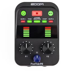 Zoom Grabadora de podcasts portátil P2 PodTrak e Interfaz de Audio USB | Mezclador de podcasting e Interfaz para grabación de Podcast móvil en Calidad de transmisión | 2 entradas de micrófono USB |