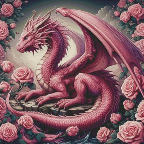 HKLIOPU korsstygn broderiförpackning 11CT broderiset rosa drake vuxna korsstygn, gör-det-själv broderibilder förtryckt korsstygn för nybörjare heminredning 40 x 40 cm (LZ184)
