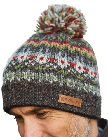 Pachamama herr ull mössa mössa tofs mössa fleece fodrad handstickad grå jord brun Fairisle en storlek handgjord extra varm rättvis handel, Grå, one size