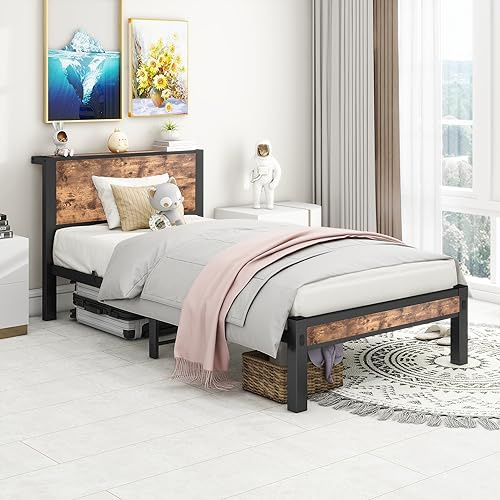 LARFOEK Bett 90x200 mit Lattenrost aus Metall, Bettgestell mit Stauraum Kopfteil, Metallbett Bettrahmen Jugendbett Einzelbett, Ohne Boxspring Notwendig, Braun (90x200cm)