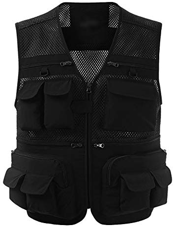 Daoba Herren Outdoor Freizeit Safari Atmungsaktiv Netz Weste Camping mit Vielen Taschen Anglerweste (schwarz, EU XL (Asia XXL))