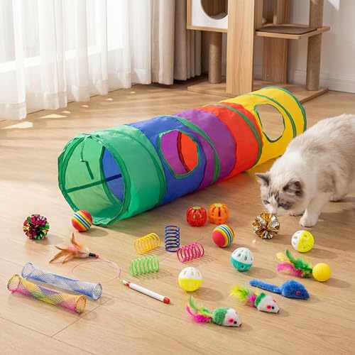 iCAGY 25 Pcs Cat Toys for Cats, Indoor Kittens - Interactive Variety Pack, 45 inches Rainbow Cat Tunnel, Feather Teaser, Feather Golf, Mice, Springs, Balls, Noise Toys - Rainbow/Colorful 45