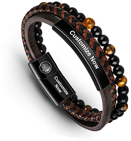 Casisto.J Pulsera Cuero Hombre - Pulsera Trenzada Hecha a Mano clásica en Negro y marrón con Cierre magnético Grabado Joyas Gratis en Caja