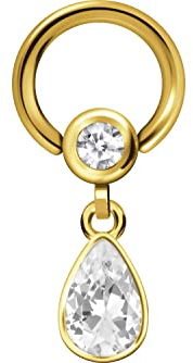 PIERCINGLINE Chirurgenstahl Klemmkugelring KRISTALLTROPFEN Goldfarben 8 mm BCR Piercing Nase Ohr