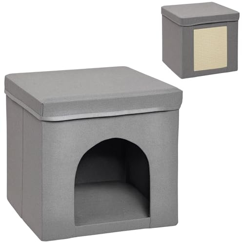 PawHut Niche Maison pour Chat Cube Pliable avec Plateau griffoir Coussin Moelleux Tissu Aspect Lin 36,5 x 36,5 x 36,5 cm Gris
