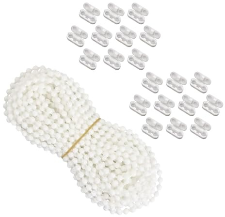 Catena a Rullo 10 metri di Perle Bianche in Plastica, Cordino POM Durevole con 20 Connettori, Adatto per Tapparelle, Persiane, Tende Verticali