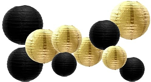 GAKA FAVOR 10er Papier Lampions Set Schwarz Gold, Hängedekoration Papierlampions Deko, Papier Laternen für Hochzeit,Taufe,Geburtstag,Kommunion,Valentinstag Muttertag Party Deko