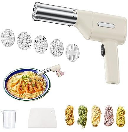 Nudelmaschine, Elektrische Kabelloser Nudelkocher für Haushalt, Tragbarer Nudelbereiter Edelstahl Automatische Hand-Nudelmaschine, 5 Nudelsorten, Multifunktionale Spaghetti-Maschine (Weiß)