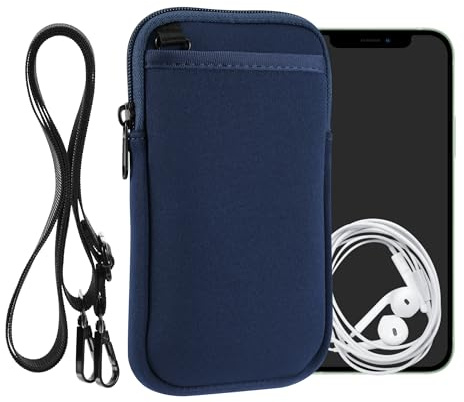kwmobile Estuche de Neopreno Universal para Smartphone - Funda con Cuerda Doble Cremallera mosquetón para Llaves y Bolsillos - Azul Marino