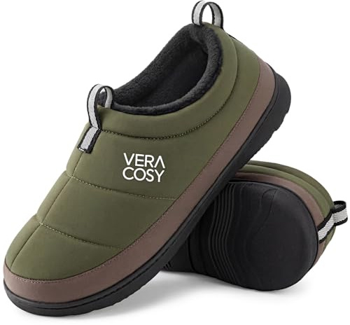 VeraCosy Men's Quilted Slippers with Elastic Gore and Anti Skid Outsole for Outdoor Olive Green,8-9 UK
