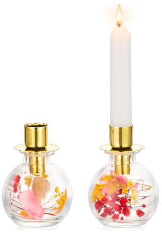 NUPTIO Bougeoir Bougies à tige Bougeoirs avec fleurs séchées : 2 bougeoirs en verre Bougeoirs dorés Cadeaux de Noël pour femmes Décoration de table à manger Printemps Décoration bohème