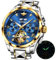 OUPINKE Blau automatische mechanische Armbanduhr für Herren Luxus-Kleid Wolframstahl Leuchtend wasserdicht synthetischer Saphir Diamant Kalender Männer