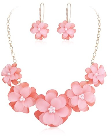 Ever Faith Light Pink Flower Statement Necklace Boho Summer Holiday Beach Jewelry Floral Flowers Collar Necklaces with Earrings for Women