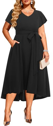 Pinup Fashion Women's Black Cocktail Dress Wedding Guest Formal High Low Flutter Sleeve Funeral Elegant Flowy Dresses with Pockets