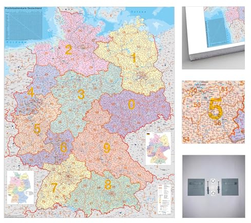 Deutschland PLZ-Karte zum Pinnen mit Wandhalterung auf EasyPrint-Platte, 80 x 105 cm: Wandkarte