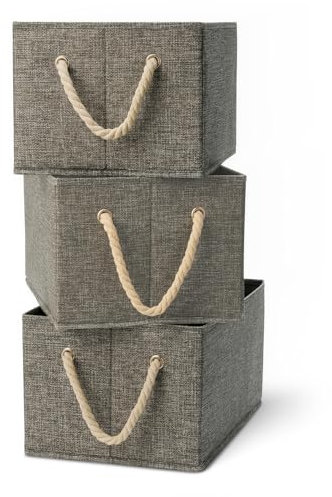 Amazon Basics Foldable Storage Bins with Rope Handles, Charcoal, Large, Pack of 3