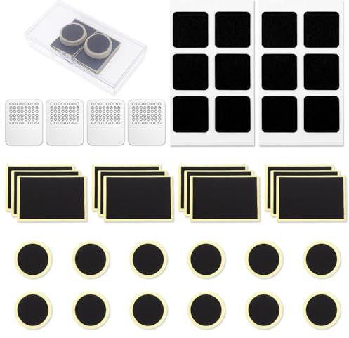 Fahrrad Flickzeug Set, 40 Stück Fahrrad Reparaturset Enthalten 36 Stück Fahrrad Flicken Selbstklebend in Runder Quadratischer und Rechteckiger Form 4 Stück Metall Raspel, für Mountainbike Rennrad