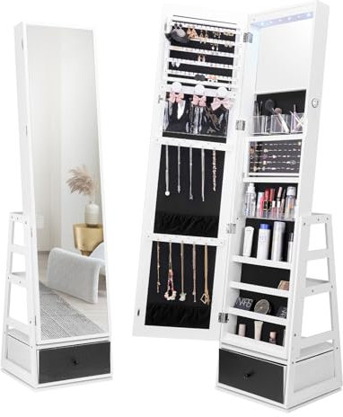 VEVOR Armoire à Bijoux avec Miroir, Organisateur de Bijoux sur Pied avec Rangement, Meuble de Rangement pour Bijoux Verrouillable, Pivotant à 360°, Doublure en Velours, Lumière LED, Maison, Blanc
