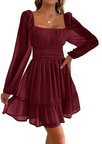 Imily Bela Abiti da donna con scollo quadrato, abito da festa in mesh, mini abito ad alta vita con pieghe, abito da sposa lungo con maniche a palloncino e volant, rosso vivo, L