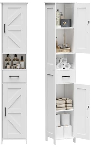 Homhedy 67 H Tall Bathroom Storage Cabinet with 2 Barn Doors and 1 Drawer, Narrow Storage Unit, Adjustable Shelves, Floor Cabinet for Bathroom, Living Room, Entryway, Kitchen, White, (11.8 W)