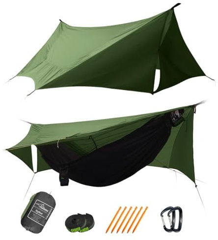 Travel Bird Skynest Hamac de Camping avec Filet et Bâche Anti-Pluie 335 x 140 cm, Tente Hamac de Camping 4 en 1, Hamac de Voyage Portable Ultraléger avec Corde de Faîtage pour Le Camping, Randonnée