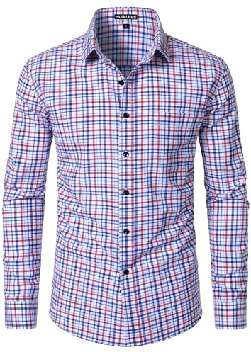 PARKLEES Chemise légère à carreaux pour homme, coupe ajustée, à carreaux, chemise boutonnée à manches longues avec poche