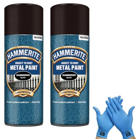 Hammerite Direct to Rust Metal Spray Paint Hammered Black 400ml Twin Pack + Free Nitrile Gloves | Fast-Drying Aerosol, Durable Rust Protection for Indoor & Outdoor Metal