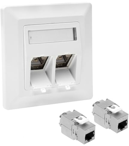 TNSLAND 1 x Prise Réseau Cat 7 Encastrée à 2 Ports + 2 x Module de Prise RJ45 Multiprise Rj45, Multiprise Ethernet, LAN Socket Boite Encastrement, 10 Gbit/s, Blanc