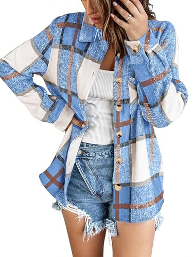 Flannel Shirt for Women Long Sleeve Checked Oversized Blouse Collar Blue S