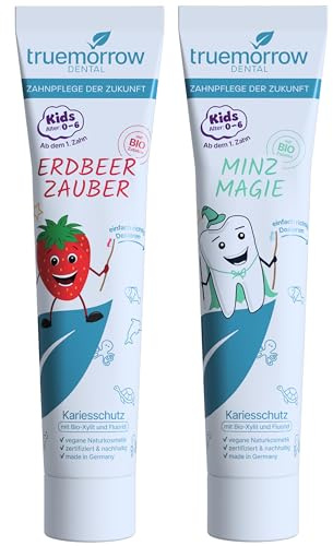 truemorrow Kinderzahnpasta mit Bio-Xylit und Fluorid | ohne Titandioxid & Mikroplastik – nachhaltige Kreislauftube – | 2er Set Zahnpasta für Kinder mit 1x Erdbeer und 1x mildem Minzgeschmack