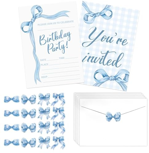 Blue Bow Birthday Invitations for Girls, 20 Sets Bownot Invitation Cards with Stickers and Envelopes for Birthday Party Baby Showers Weddings and Celebrations, 120 x 170 mm