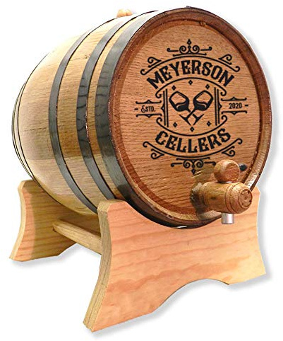 Personalized 3 Liter Wine Barrel - Premium Toasted American Oak Aging Barrel w/Bung, Spigot and Stand | Custom Laser Engraved | Cellers Design (B392)