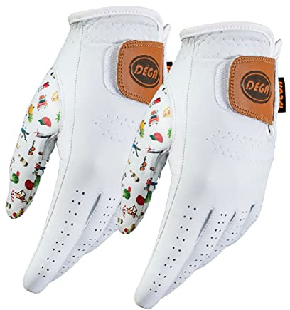 DEGA Golf Gloves 2 Pack 100% Cabretta Leather Golf Glove Men Left Hand Thumb Printed Designs (S, Good Times)