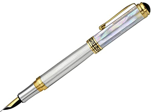 Xezo Maestro stylo plume, pointe moyenne. Argent massif 925 sterling avec nacre blanche océanique et plaquage or 18 carats. Fabriqué à la main, édition limitée, numéroté en série