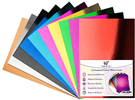 Assorted Colour Mirror Card A4 Coloured Metallic Mirror Board Thick 250gsm Card Shiny Sheets Mirror Foil Activity Craft Cardstock Reflective Shimmer Mirror Finish (10 Assorted Colours - 10 Sheets)