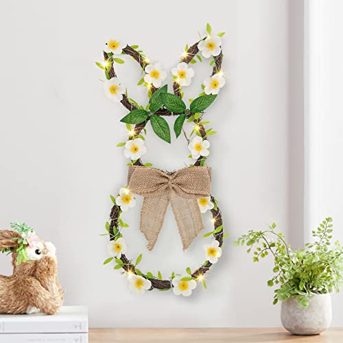 DELICHTER Osterhase Kranz mit Leinen Schleife, 25 LEDs Weidenkranz mit frühling Ostern deko Batteriebetrieben und Timer für Easter Haustür Wand Fenster (44cm/Warmweiß)