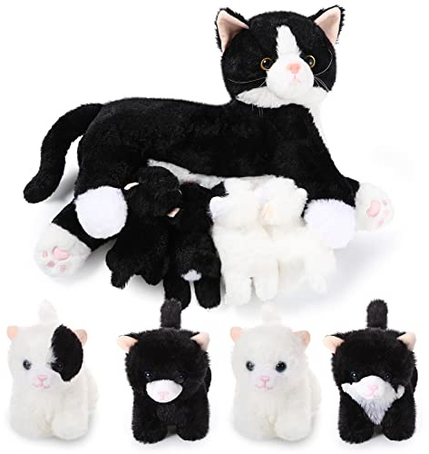 Skylety Nurturing Cat Stuffed Animal with 4 Baby Kittens, Fluffy Style