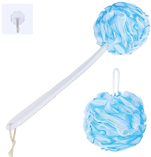 VANZAVANZU Juego de Esponjas de Lufa Exfoliante, Mango Antideslizante de Plástico de 44 cm con Esponja Esponjosa para la Ducha, Esponjas de Malla Suave PE -Blanco con borde azul