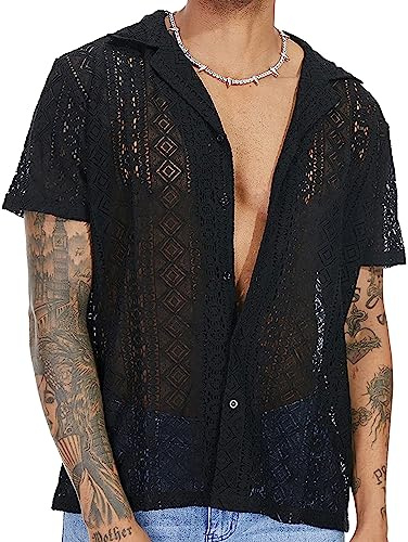 AIEOE Camicia da uomo in pizzo a maniche corte per il tempo libero, maglietta estiva trasparente, Nero , S