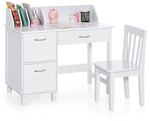 DREAMADE Kinderschreibtisch mit Stuhl, Schülerschreibtisch aus Holz, Jugendschreibtisch, Kinder Schreibtisch für Kinder mit Bücherregal & Schublade & 2 Ablage (Weiß)