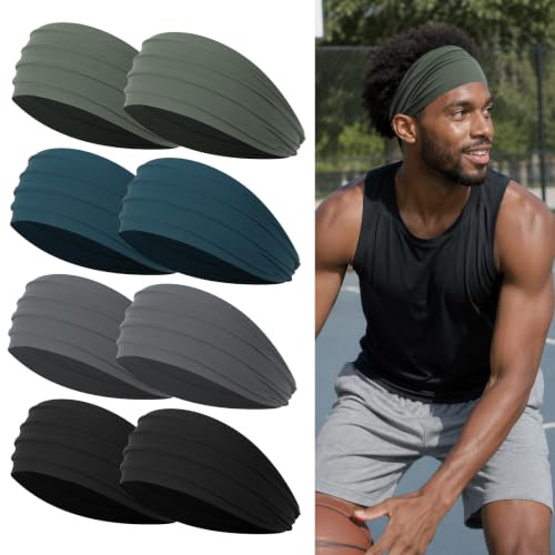Rheytew Wide Headbands for Men, Sweat-Wicking Running Headband for Long Hair, Non-Slip Sweat Band for Basketball, Football, Gym, 8 Pieces