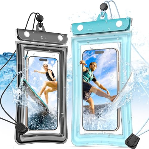 R-fun Custodia Impermeabile per Cellulare IPX8 da 7 Pollici, Confezioni per iPhone 15/14/13/12/11 Pro Max/SE/Samsung Huawei, Nero Blu