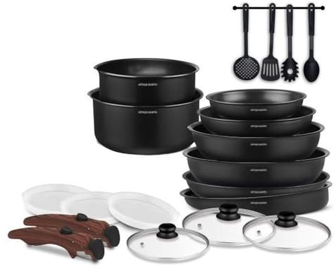 Batterie de cuisine - Tous feux dont induction - Arthur Martin - AM0530 - Aluminium - Anti-adhésif - 20 pieces - Poignée amovi