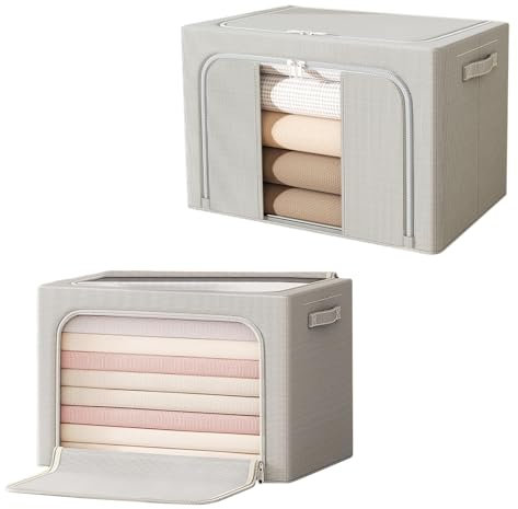 Resszo 2 Pack Large Clothes Storage Bag, Foldable Oxford Cloth Steel Frame Box, Clear Window & Carry Handles, Waterproof, Stackable Storage Boxes for Clothes, Bedding, Blankets (C - 66L)