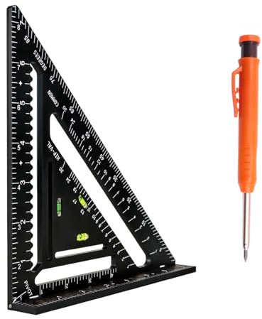 Foldable Carpenter Square 7 inch Angle T-Ruler Multi-Purpose Carpenter Tools, Rafter Square, Protractor, Ruler, Marking Gauge, Drill Gauge, Include Woodworking Pencil (Black-no jig)