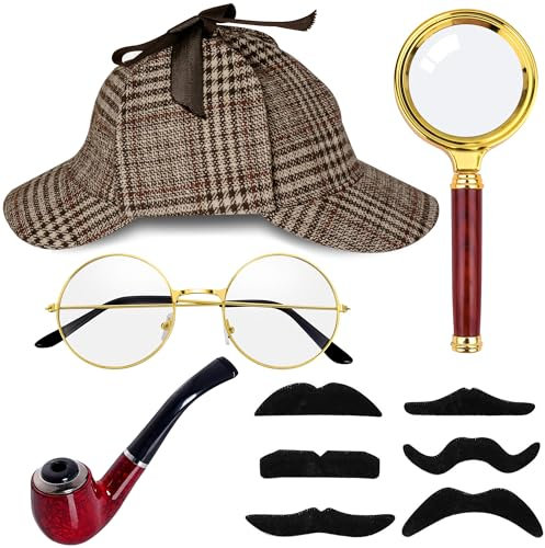 Horolam Detektiv Kostüm Zubehör Set, Detektiv Zubehör Für Erwachsene Männer Frauen Detektiv Outfit Requisiten Mit Braunem Detektiv Hut Lupenbrille Brille Fake Schnurrbart Für Dress up Party (Braun)