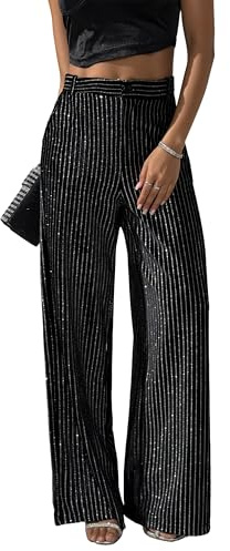 heipeiwa Women's Stripes Velvet Palazzo Pants High Waist Wide Leg Sparkle Shiny Sequin Glitter Trouser Black