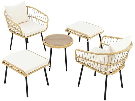 SOFTWEARY Balkonmöbel-Set, Gartenliege, (5-TLG., 2 Stühle, 1 Couchtisch, 2 Hocker), Balkonset für Balkon und Garten, Polyrattan